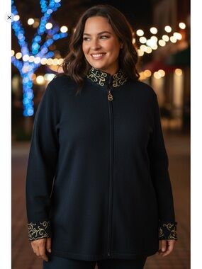 Vintage San Remo Laura Knits Cardigan Sweater Jacket Black embroidered Gold XL